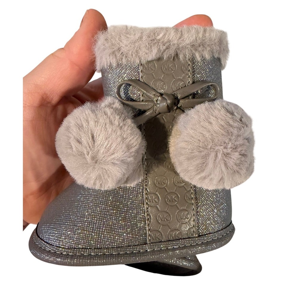 Michael Kors NEW Baby Girls Fur Trim Glitter Grey Metallic Booties‎ 0-3M